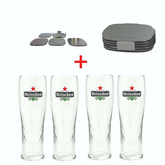 Heineken 4 x Tall Pilsner Beer Glasses 600/568mls + 4 Steel.x Coaster set BNIB