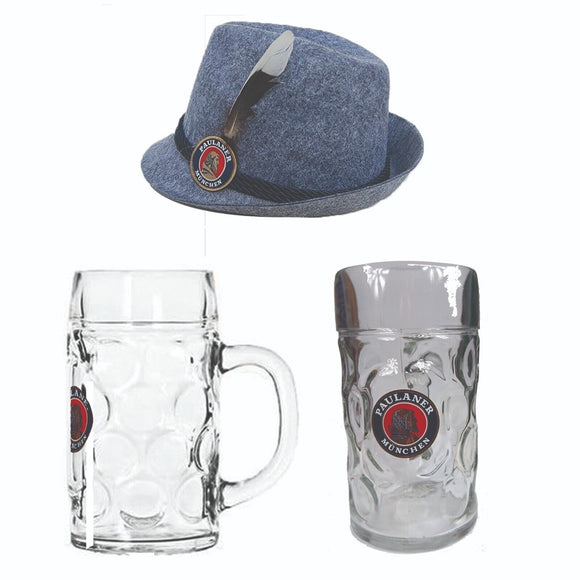 Oktoberfest Tyrolean Hat + Paulaner Munchin 2 x Glasses Beer Stein Masskrugs 1.3