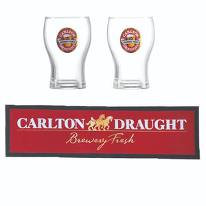 Carlton Draught 1 x Bar Mat + 2 x Washington Beer Glasses 425ml BNWOB MAN CAVE
