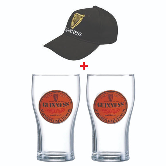 GUINNESS 2 x  Washington Tulip Glasses 520ml + EMBROIDERED CAP MADE FOR CANS