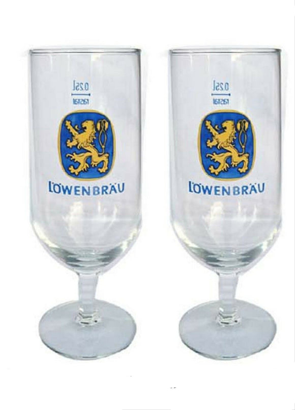 LOWENBRAU 2 Vintage Pilsner Beer Glasses 1960's 300ml Mint German MAN Cave