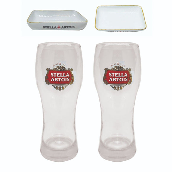 Stella Artois 2 x Schooner Beer Glasses + 1 x snack tray 350ml  BNWOB MAN CAVE