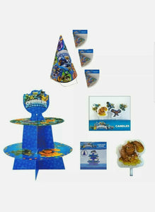 SKYLANDERS BIRTHDAY MEGA PACK - CUPCAKE CAKE STAND + 5 CANDLES + 24 x HATS BNIB