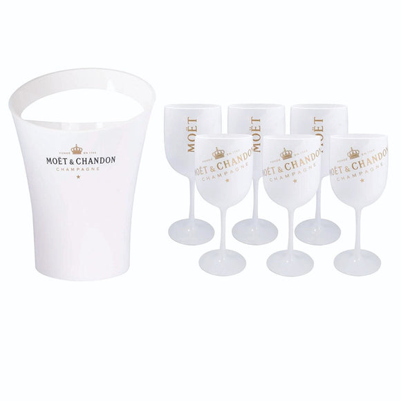 Moet & Chandon French Champagne Ice Bucket + 6 Plastic Champagne Glasses BNWOB