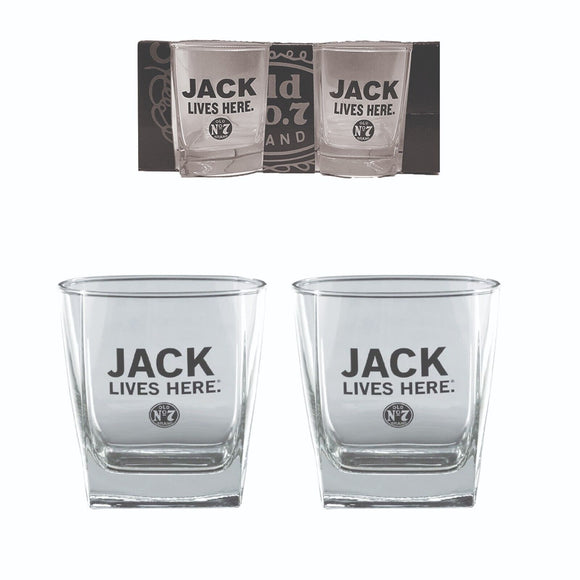 JACK DANIELS JACK LIVES HERE 2 x GIFT BOXED TUMBLER GLASSES BNWOB MAN CAVE USA