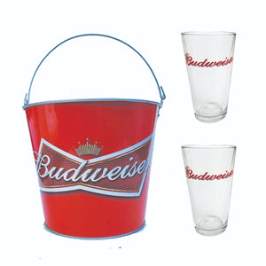 BUDWEISER 2 Conical Beer Pint Glasses +  Ice bucket MAN CAVE USA RED
