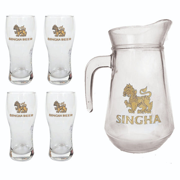 Singha BEER 1.2 LITRE JUG PITCHER + 4 x Glasses 320ml BNWOB MAN CAVE THAILAND