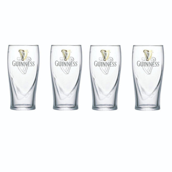 GUINNESS 4 GRAVITY PINT GLASSES 585ml + EMBOSSED HARP BNWOB MAN CAVE IRELAND