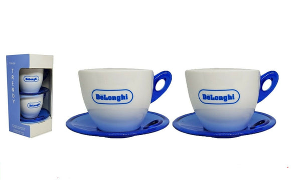 DELONGHI TRENDY 2 x CAPPUCCINO COFFEE CUPS + SAUCERS (PORCELAIN & PLASTIC) BNIB