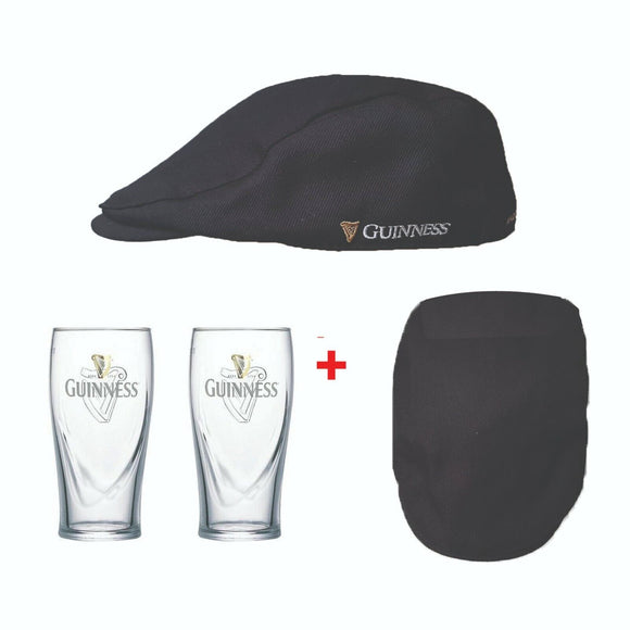 GUINNESS 2 GRAVITY PINT GLASSES 585ml + BLACK  EMBOIDERED FLAT CAP  MAN CAVE