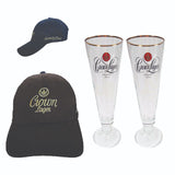 Crown Lager 2 x Vintage Flute Beer Glasses + Cap ALl unsed Mint C' MAN CAVE AUS