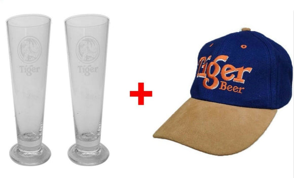 TIGER Beer 2 x Monte Carlo  Flute Glasses + EMBROIDERED CAP BNWOB MAN CAVE SINGA