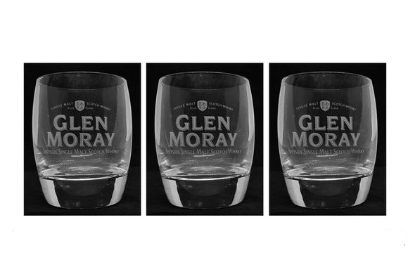 GLEN MORAY SINGLE MALT WHISKY 3 x ETCHED TUMBLER GLASSES BNWOB MAN CAVE ECOSSE