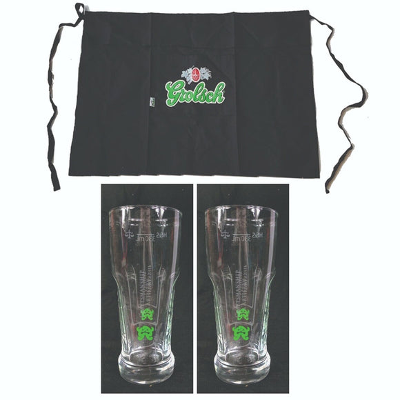 Grolsch 1 Bar Apron + 2 x Embossed LTD Edition Beer Glasses 420ml BNIB Man Cave