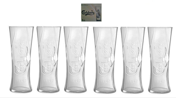 Carlsberg  Embossed 6 Beer Glasses 350ML Curved BNWB COXED Man CAVE Denmark