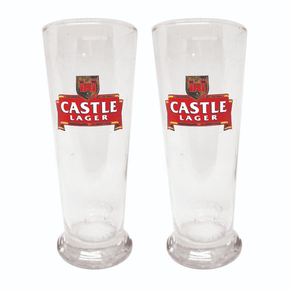 CASTLE LAGER 2 x CHARLES PINT BEER GLASSES 600ml 1990's MAN CAVE SOUTH ASFRICA