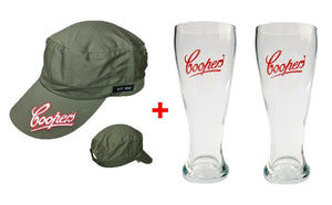 Coopers Sparkling Ale 2 Beer Glasses 320ml + Army Commando Cap BNWOT MAN CAVE