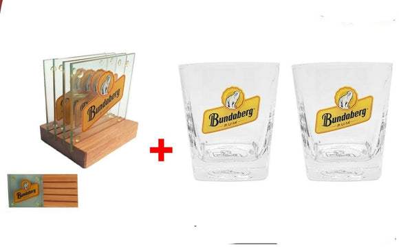 BUNDABERG RUM Glass coasters in original packaging + 2 x TUMBLER GLASSES 1990'S