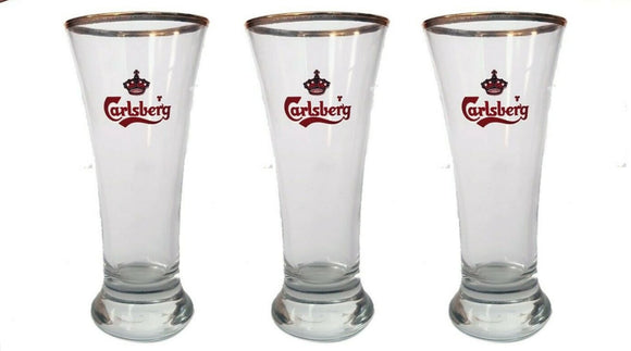 CARLSBERG 3 x Vintage Gold Rimmed Skol Middy Beer Glasses RED  285ml Man CAVE