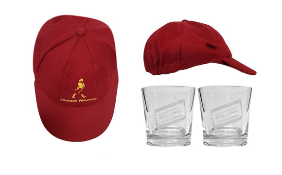 Johnnie Walker Baggy RED Scotch Cricket Cap + 2 x Etched Spirit Glasses 280mL