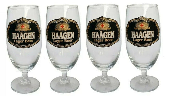 HAAGEN LAGER 4 x STEMMED BEER GLASSES 350ml BNWOB MAN CAVE NEW ZEALAND RARE