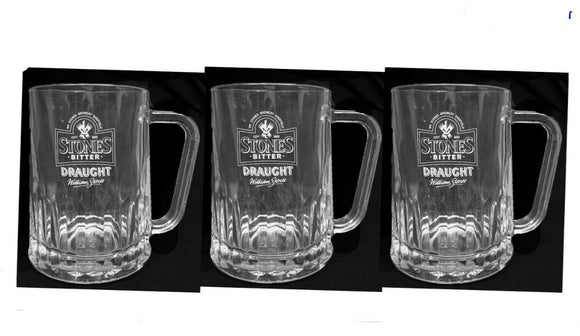 Stones Bitter Draught 3 x 600ml Beer Tankards Etched Glass BNWOT Man Cave Bar