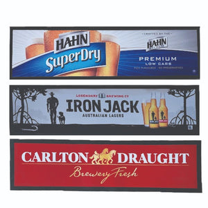 CARLTON DRAUGHT + IRON JACK + HAHN SUPER DRY 3 x RUBBER BACKED BAR MATS 25x90cm