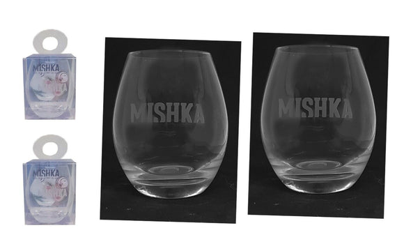 MISHKA VODKA 2 x ETCHED TUMBLER GLASSES 420ml BNIB BOXED MAN CAVE BRA BAR FRENCH