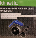 KINETIC HIgh Pressure Air Sink Drain Unblocker + 4 Drain Size Attachments BNIB