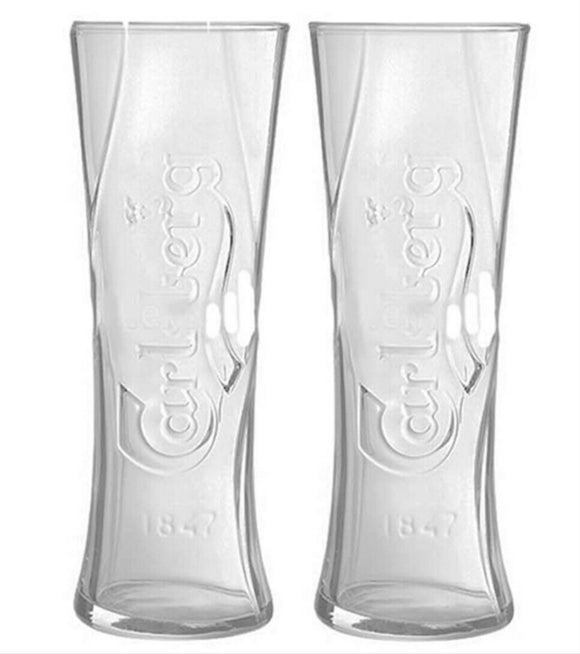 Carlsberg  Embossed 2 x EmbossedBeer Glasses 350ML Curved BNWB Man CAVE Denmark