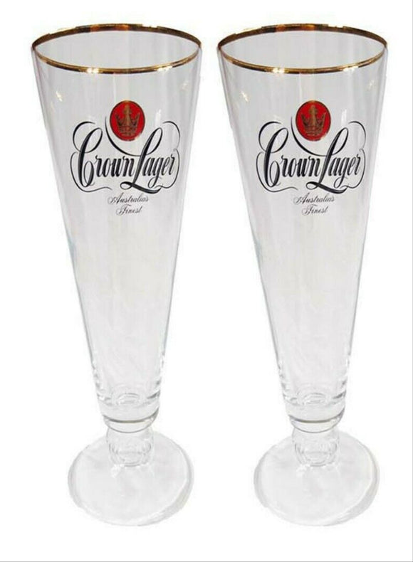 Crown Lager 2 x Vintage Flute Beer Glasses 300ml MInt' Unused 1980's MAN CAVE