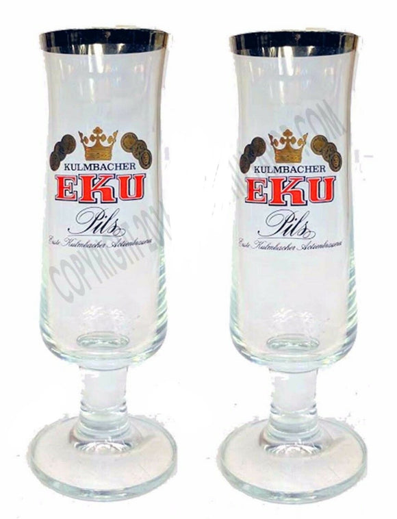 EKU Lager Kulmbach  2 x Vintage Beer Flute Glasses 250ml 16x6cm Silver Rimmed