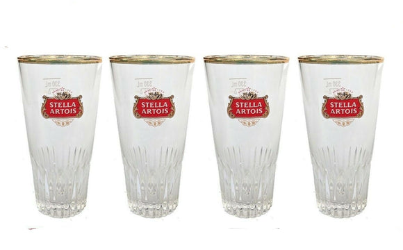Stella Artois Beer Belgian 4 x Highball Glasses Gold rim Vintage 1990's BNWOB