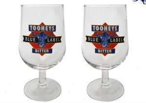 TOOHEYS BLUE LABEL BITTER 2 x STEMMED BEER GLASSES 250/300ml Vintage 1990's