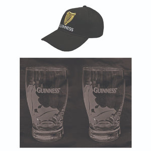 GUINNESS 2 ETCHED CHRISTMAS TASTER GLASSES + EMBROIDERED ADJ' CAP  MAN CAVE