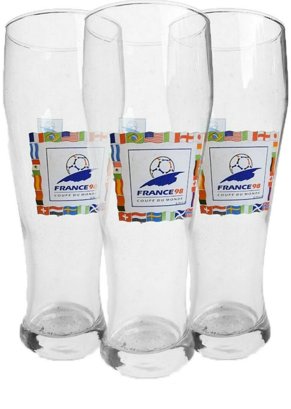 FRANCE Football World Cup 98 3 x Schooner Beer Glasses MINT UNUSED MAN CAVE