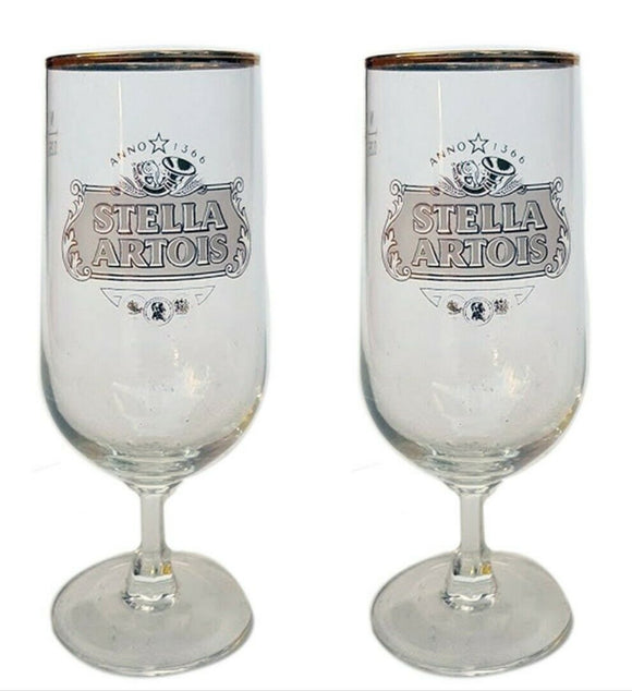 Stella Artois 2 x Stemmed Beer Glasses Vintage 300ml 1990's MAN CAVE BELGIUM