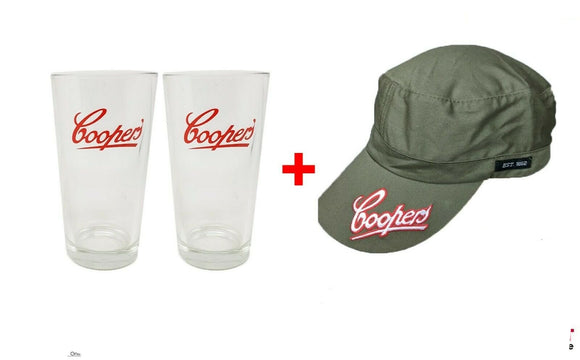 Coopers Sparkling Ale 2 Beer Glasses 330/285ml + Army Commando Cap BNWOT MAN CAVE