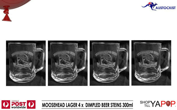 MOOSEHEAD LAGER 4 x VINTAGE ETCHED BEER TANKARDS 300ml MINT CANADA MAN CAVE