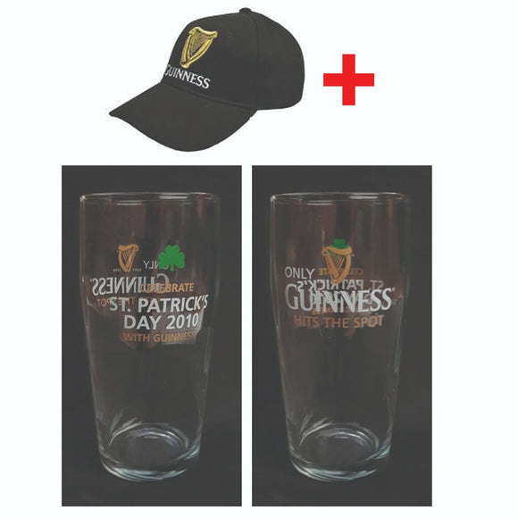 GUINNESS 2 x BEER GLASSES 2010 ST PATRICK'S DAY 520m + EMBOIDERED CAP MAN CAVE