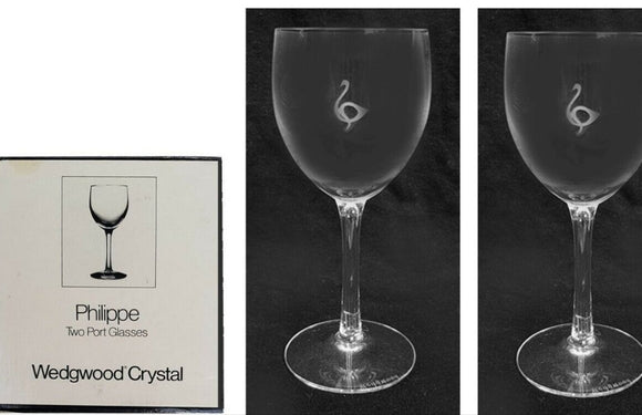 WEDGEWOOD PHILIPPE 2 x VINTAGE ETCHED CRYSTAL PORT GLASSES 90ml BNIB 1970's