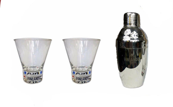 Finlandia Vodka Inverted Cone Glasses x 2 & Branded Mini Boston Shaker BNWOT