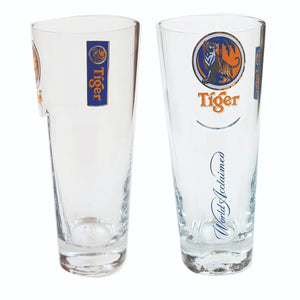 TIGER BEER 2 x FLAT FACED CLEAR GLASSES 420ml BNWOB MAN CAVE SINGAPORE